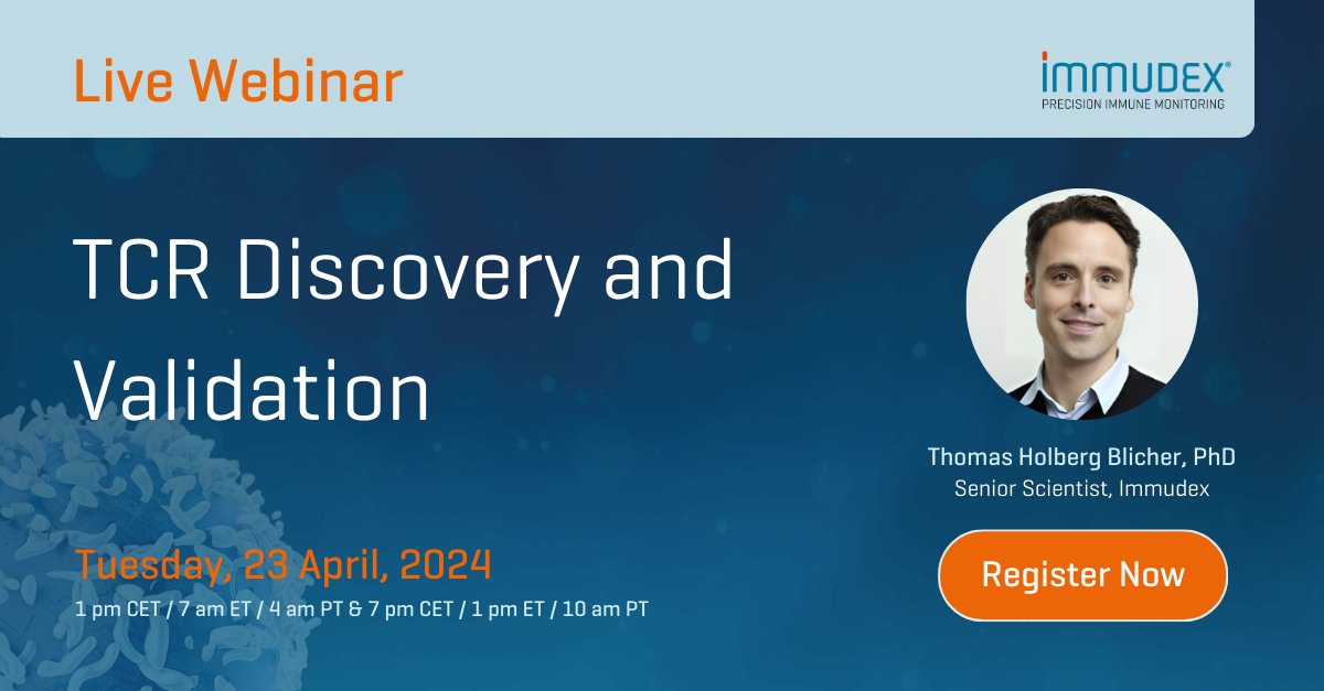 Only 1 day to go! Don’t miss our webinar on “TCR Discovery and Validation.” 

Click the link  and secure your spot now! 👉 immudex.com/about-us/event…

#CellTherapy #Tcelltherapy #immunotherapy #TCR #Tcellreceptor #Cellimmunotherapy