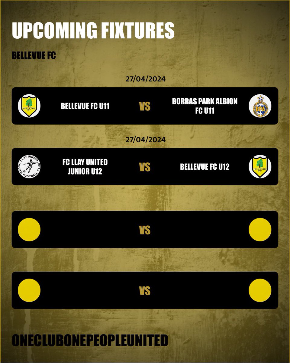 🟡⚪️WEEKEND FIXTURES⚪️🟡 This weekend sees our U12 finish this season while the U11s have 2 games remaining after Saturday Follow our social media for updates @fc_bellevue (X) @cpdbellevue (Facebook) #ThisIsBellevue #UnClwbUnBoblUnedig #OneClubOnePeopleUnited