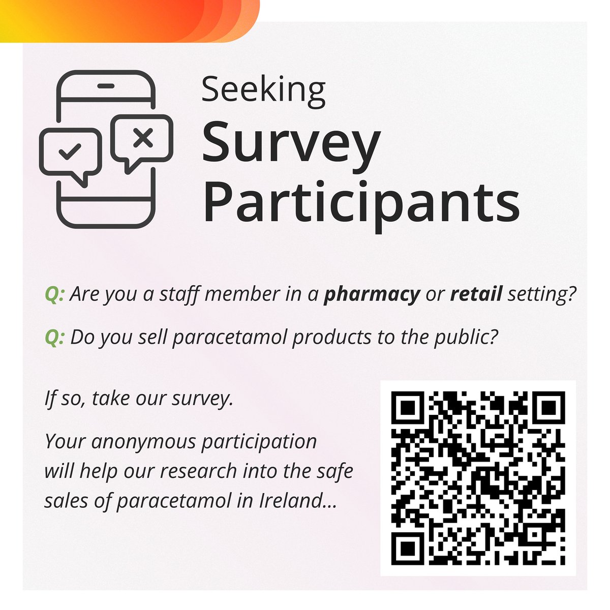 TheHPRA's tweet photo. Do you work in a pharmacy and sell paracetamol products to the public?

Please take a few minutes to complete this short online survey, which will help research the safe sale of paracetamol in Ireland.

The survey is anonymous. Survey responses will help to understand how to support the pharmacy sector in this area.

The HPRA supports this ongoing campaign by @roinnslainte, @NSRFIreland, and @NOSPIreland.

Complete the survey: https://t.co/tjsiCvnhOu

#ConnectingForLife #MedicationSafety