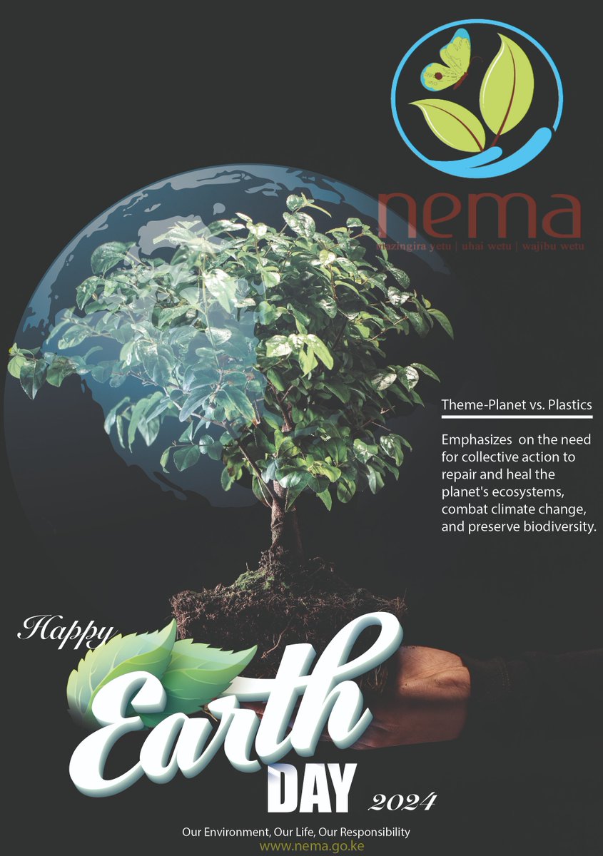 Happy #EarthDay2024 from @NemaKenya The theme for Earth Day 2024 is 'Planet vs. Plastics .' This theme emphasises the need for collective action to repair and heal the planet's ecosystems, combat climate change, and preserve biodiversity. Reduce, Reuse, Recycle: Embrace a