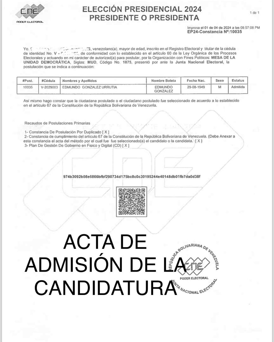 delsasolorzano's tweet photo. #22Abr #ACTUALIZACION ¡Tenemos candidato presidencial de la unidad!

- Es muy importante destacar en primer lugar que el candidato unitario es @EdmundoGU (por cierto esa es su única cuenta de X). El querido embajador González Urrutia fue inscrito como candidato del partido MUD dentro de la prórroga dada por el CNE en fecha 26 de marzo, en principio de manera provisional y solo con la finalidad de resguardar la tarjeta de la unidad, visto que él no había considerado ser candidato presidencial y la PUD seguía insistiendo en la inscripción de @yorisvillasana. La candidatura de González no fue impugnada por nadie y fue admitida dentro de los lapsos del cronograma electoral. Con ello su candidatura en la tarjeta del partido MUD, del cual por cierto Edmundo es presidente, quedó firme. Anexo fotografía del acta de inscripción y del acta de admisión de la candidatura de Edmundo González. En esta última consta que se consignó: constancia de postulación, constancia de haber sido seleccionado como candidato conforme a lo establecido en el art. 67 de la CRBV y plan de Gobierno. En consecuencia, EDMUNDO GONZÁLEZ ES CANDIDATO DE LA UNIDAD EN LA TARJETA DE LA MANITO. ESO NO TIENE DISCUSIÓN. Adjunto el tarjeton electoral. 

- ⁠Ante el claro hecho de no poder inscribir a @yorisvillasana en sustitución de nuestra candidata unitaria @MariaCorinaYa, el embajador González Urrutia, acepta ser el candidato de la PUD. Esto es sometido a consideración de esta instancia y es aprobado por unanimidad. Así @manuelrosalesg renuncia a su candidatura (Adjunto foto) y su partido UNT, así como el MPV deciden postular a Edmundo González. La renuncia de Rosales es personal y opera de mero Derecho, no amerita trámite adicional alguno. Vale decir que en este momento, debido a que el CNE no ha permito la postulación de Edmundo González en las tarjetas de UNT y MPV, ambos partidos no tienen candidato inscrito, hasta que puedan inscribir a Edmundo González. 

- ⁠La unidad toda respalda a Edmundo González. Los partidos que presentarán sus adhesiones a la tarjeta de la MUD siguen intentando de manera permanente acceder al sistema. Han comunicado que, en caso de que no se logre, intentarán hacerlo físicamente en el CNE. 

En la PUD nos mantenemos juntos y con la plena certeza que Unidad y Voto son la estrategia necesaria para ganar.