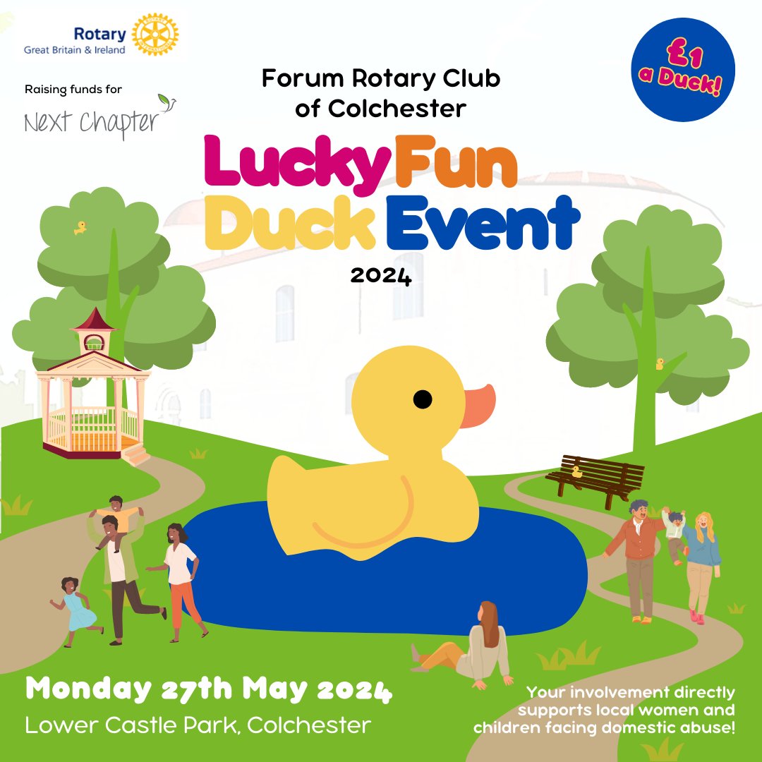 🦆 Our friends at Forum @Rotary #Colchester are bringing their 'Lucky Fun Duck Event' to Lower Castle Park on 27 May (Bank Holiday Monday). Pick up your lucky duck for £1 either on the day or at Tesco Highwoods on the 4th of May. A portion of contributions go to our charity💚