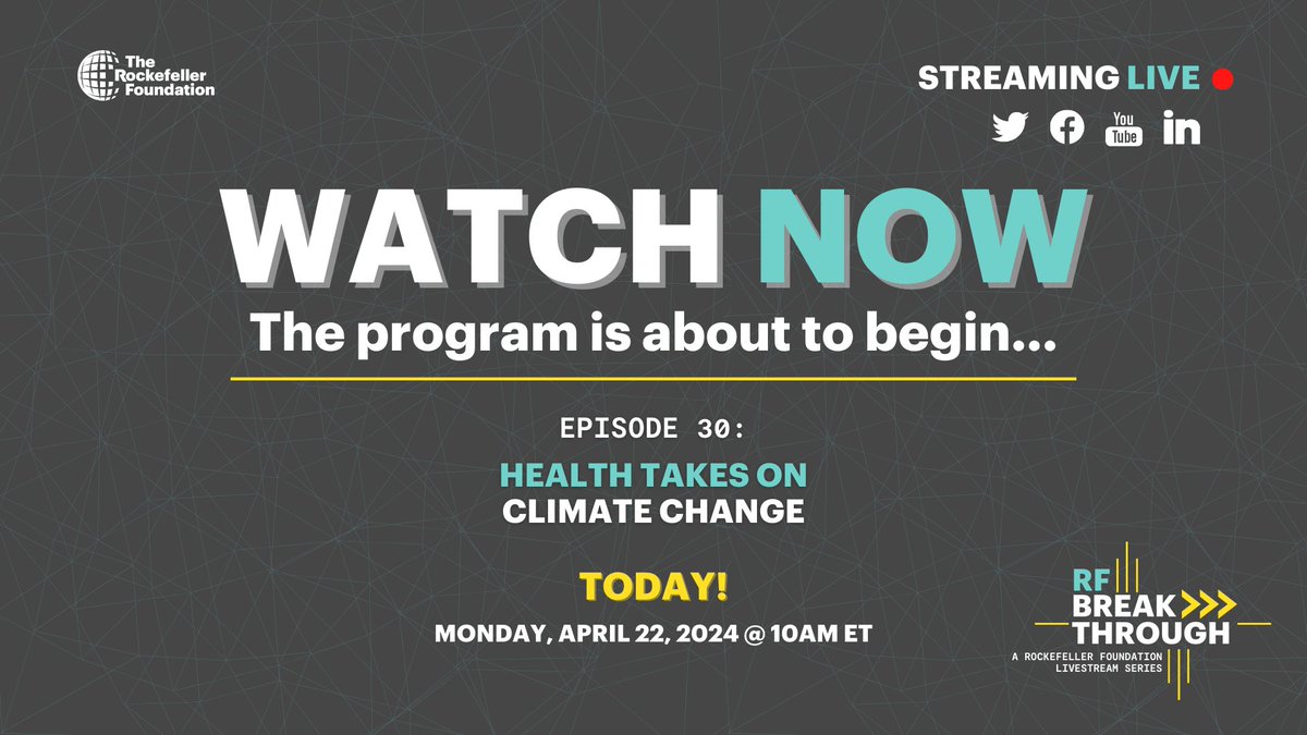 Health Care Takes on Climate Change - an #RFBreakthrough livestream from @RockefellerFdn - is live. Tune in for insights from leaders who have launched movements at the intersection of climate and health. @JoshKarliner & @CemShweta will be participating 📺rockfound.link/4aCzxRe