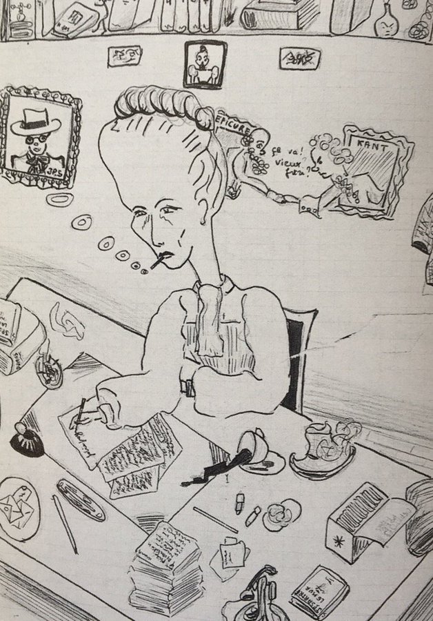 In honour of Kant's 300th birthday, here he is doodled fighting Epicurus behind Simone de Beauvoir