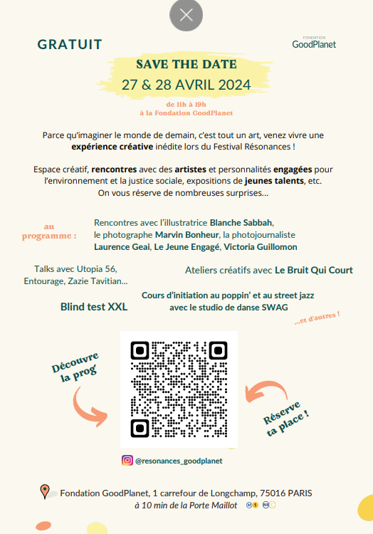 🙌Le festival  Résonances  revient les 27 et 28 avril prochains. Deux jours de programmation gratuite pour célébrer la #jeunesse, la création, l’#écologie, et le vivre ensemble !
👉Découvrez le programme et réservez votre place : goodplanet.org/fr/domaine/fes…
