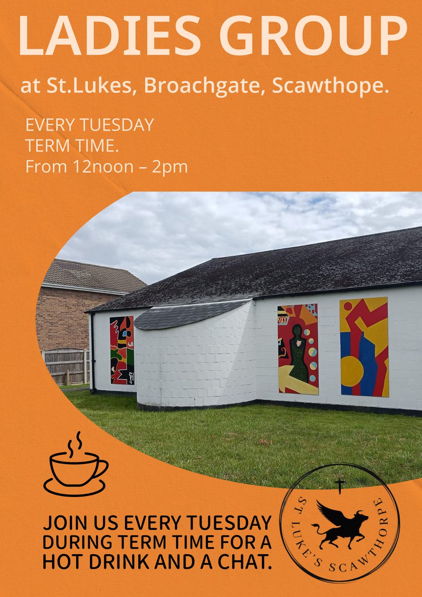 Tuesdays during term time 12noon to 2pm we have our Ladies Group at St Luke’s, Scawthorpe, Doncaster. There’ll be hot drinks & biscuits. Everyone is welcome! 

#Doncaster #StLeonardsScawsby #StPhilipAndStJamesNewBentley #AllSaintsArksey #StLukesScawthorpe #Faith