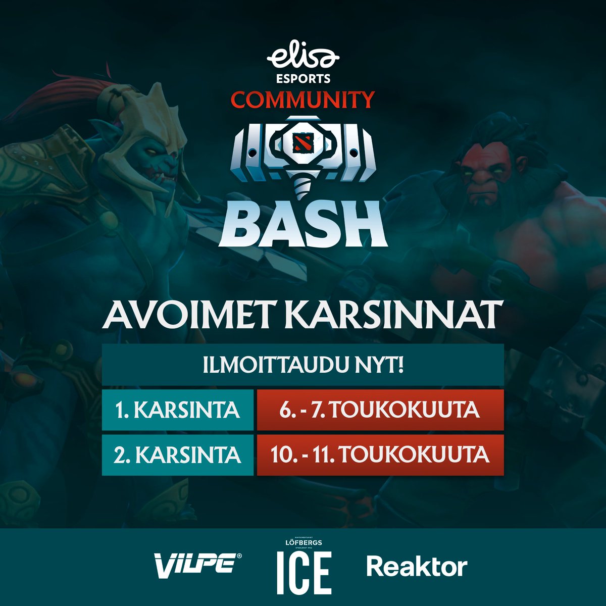 Elisa Esports Dota 2 Community Bash käynnistyy! 🔥 ✉ 8 tiimiä, joista kaikki avoimien karsintojen kautta ⚔ Ensimmäiset karsinnat 6.-7. toukokuuta, toiset 10.-11. toukokuuta Lisätiedot ja ilmoittautuminen ⬇️ 🔗: elisaesports.com/tervetuloa-uut… #Dota2 #esportsfi #CommunityBash