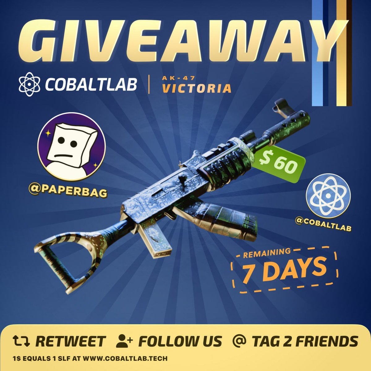 🔥RUST GIVEAWAY🔥 🎁AK-47 Victoria ($60)🎁 ➡️ Requirements: ✅ Follow Me & @Cobaltlabrust ✅ Like & RT ✅ Tag 2 Friends ⏰Ends in 7 days⏰ 🍀Good Luck🍀 #Rust #RustGiveaway #Giveaway