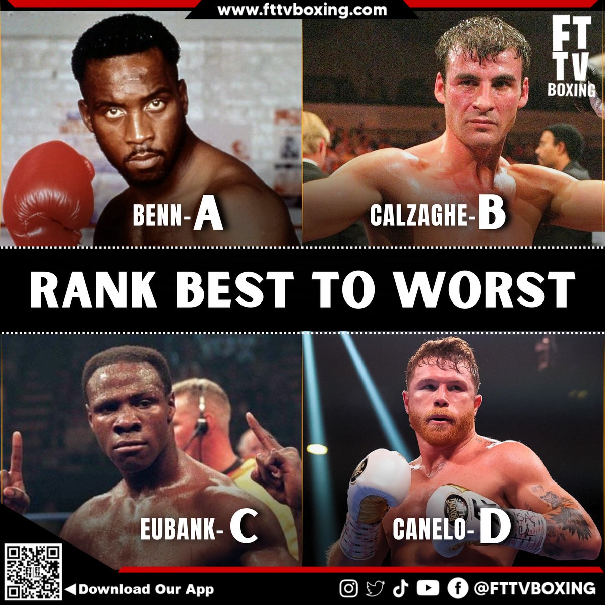 FTTVBoxing's tweet image. Rank Best to Worst! 👀

#ChrisEubank #JoeCalzaghe #NigelBenn #Canelo #boxing #boxingfans #supermiddleweight