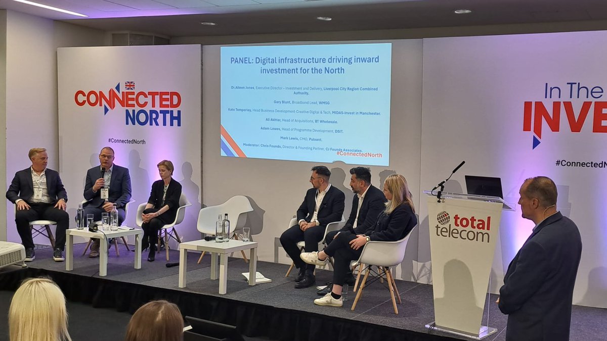 Excellent discussion on how digital infrastructure is driving inward investment for the North on our Invest in the North track stage, with panellists from @LpoolCityRegion, @SciTechgovuk, @bt_uk, @PulsantUK, @MIDAS_MCR, @WestMids5G and CJ Founds. #ConnectedNorth