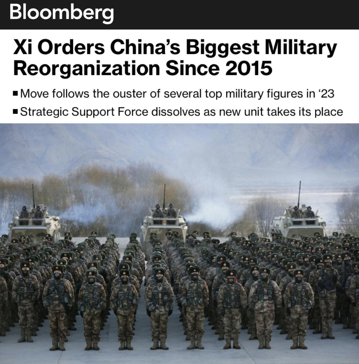 Xi Orders #China’s Biggest Military Reorganization Since 2015 Move follows the ouster of several top military figures in 2023. Strategic Support Force dissolves as new unit takes its place. Chinese President Xi Jinping has ordered what amounts to the biggest reorganization of