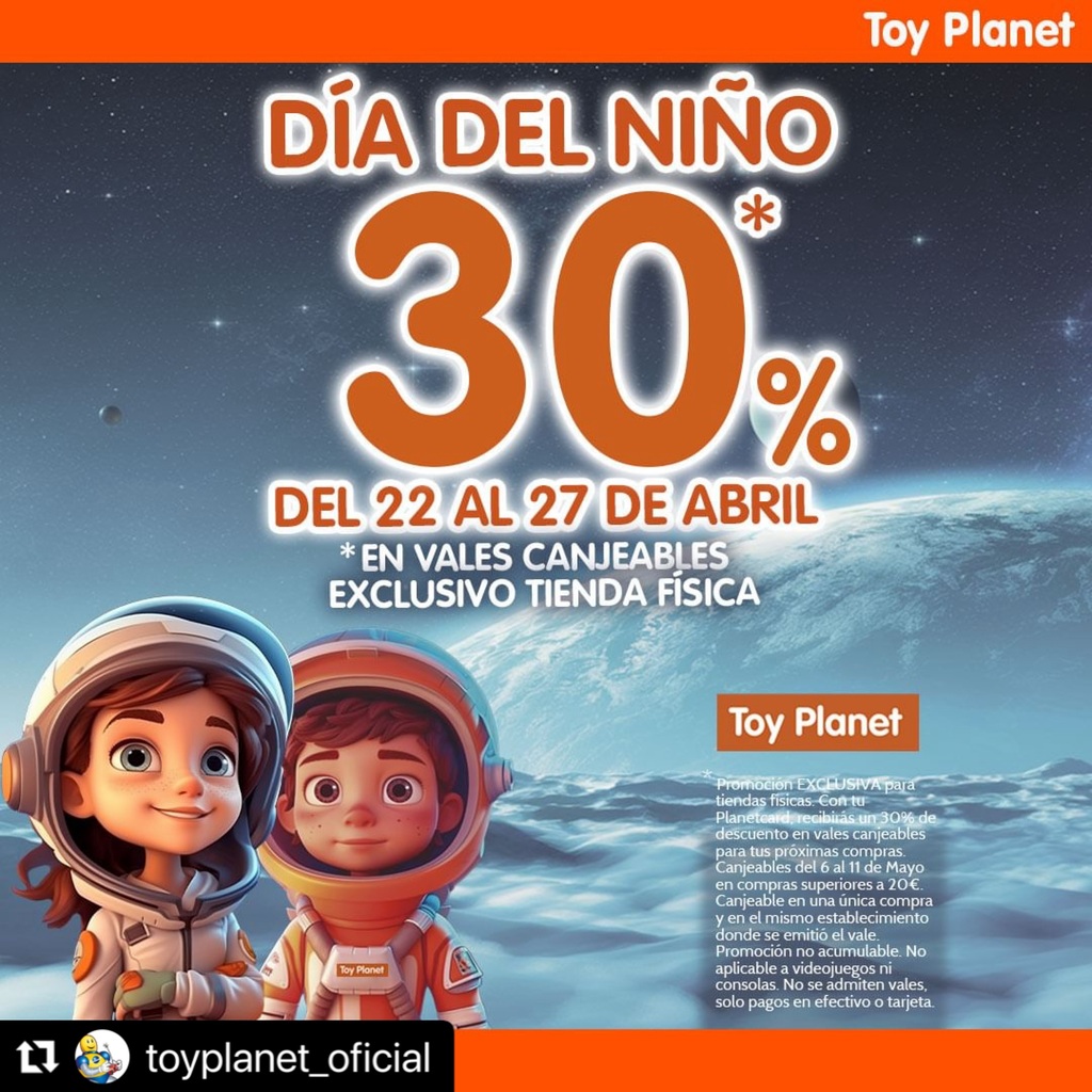 👩🏻‍🤝‍👨🏽¡Este viernes se celebra el #DiadelNiñoylaNiña y @toyplanet_oficial va a regalar un vale descuento del 30% en las compras realizadas desde hoy y hasta este sábado en sus tiendas físicas! 👫

🎟️ El vale se podrá canjear del 6 al 11 de mayo en compras su… instagr.am/p/C6EA60YIp1P/