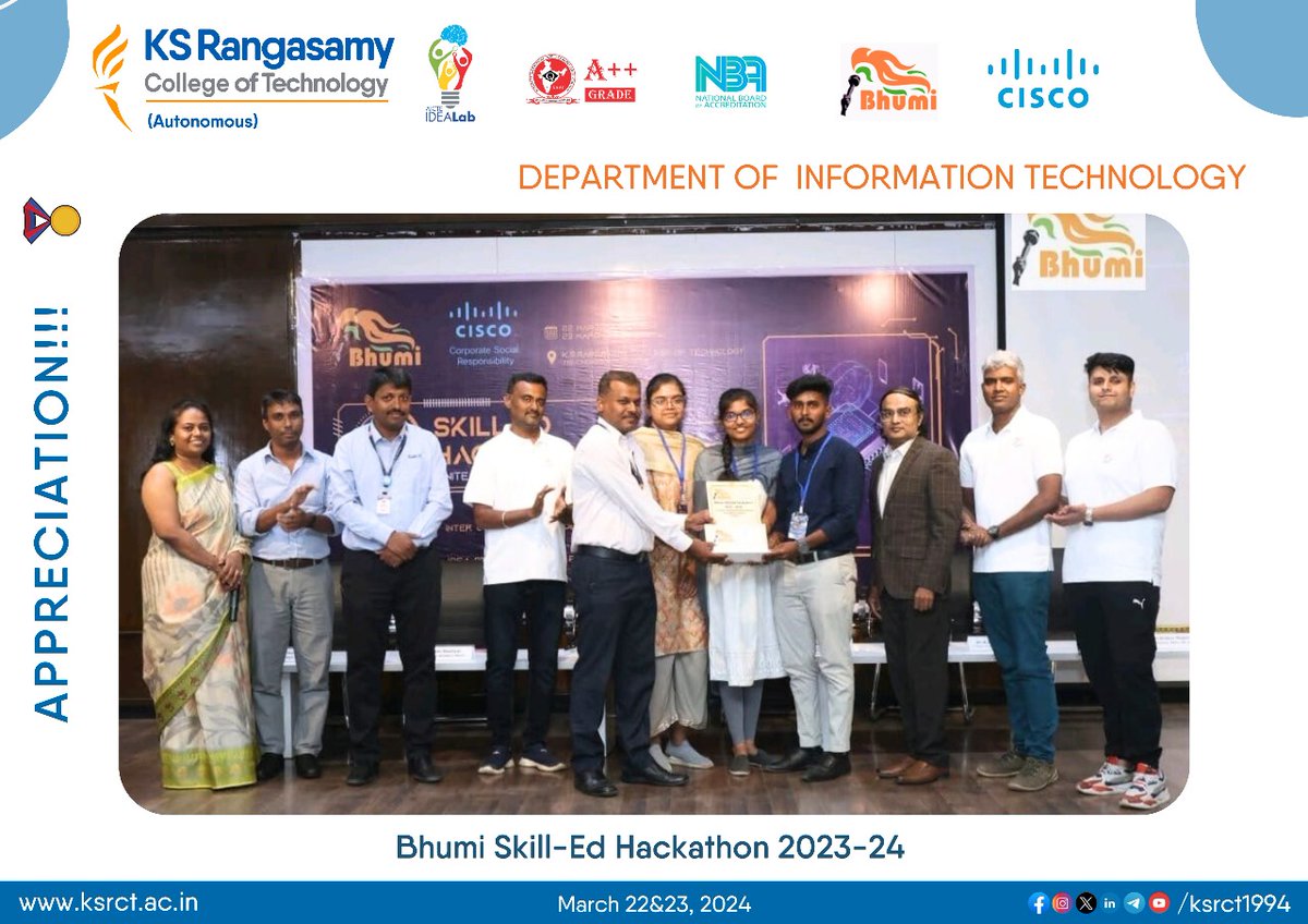 Hearty Congratulations to the winners!!!
The team of #KSRCTians #informationtechnology students secured the winners of the Bhumi Skill-Ed Hackathon 2023-24 & cash prize of Rs.5000. 
Team: Mentor: Dr.C.Rajan,P/AIML, 
Bala Suruthika A G-IV IT
Sudharshini B -IV IT
Gowtham K -IV IT
