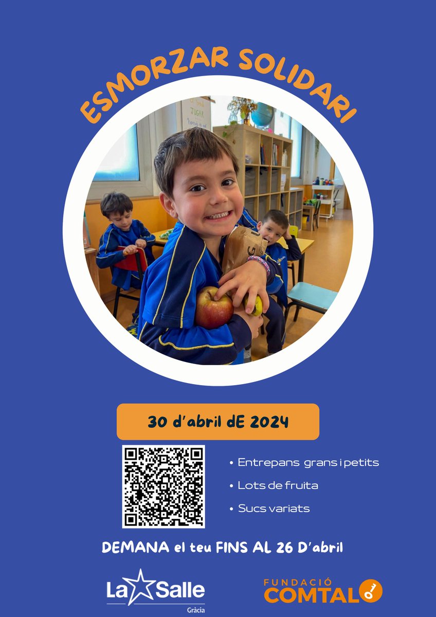 🥪Torna l’Esmorzar Solidari! 🍊 El 30 d’abril celebrem el naixement de St. Joan Baptista de La Salle amb un esmorzar deliciós... i ple de solidaritat! Tots els els beneficis aniran a la @FundacioComtal. Podeu fer les comandes fins el 26 d'abril: acortar.link/jR9Dw0📝