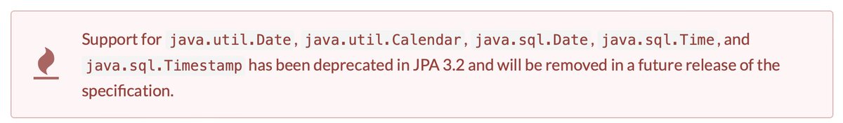 Sorry, all you many fans of java.util.Date, but since Java refuses to deprecate it, we're deprecating it in Jakarta Persistence. in.relation.to/2024/04/22/sto…