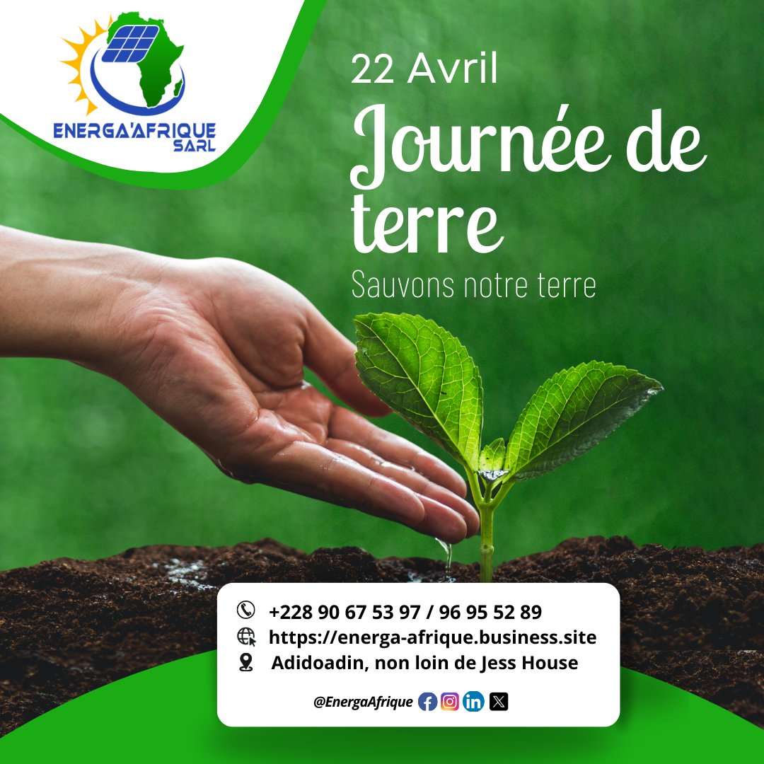 En cette Journée Mondiale de la Terre, Energa Afrique Sarl vous encourage à passer à l'énergie solaire pour un avenir plus durable et respectueux de l'environnement. 
#EnergaAfriquesarl 
#EnergieSolaire 
#AvenirDurable 
#JournéeMondialeDeLaTerre 
#SauvonsNotreTerre

Biafra