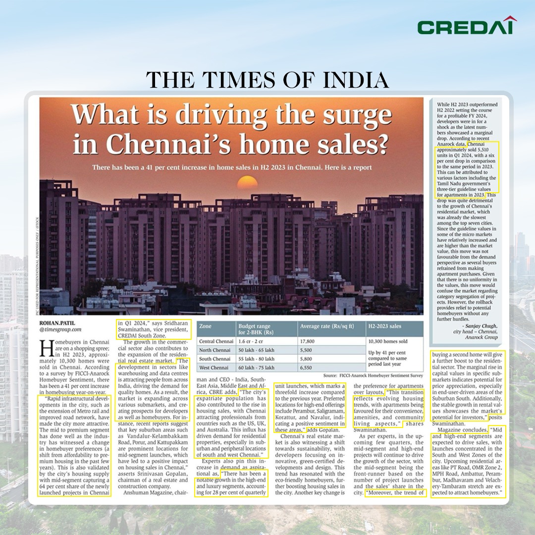 In the conversation with The Times of India, Mr. Sridharan Swaminathan, Vice President CREDAI, shared his views on the Chennai real estate market. In the wake of 2023, Chennai witnessed a significant transformation in the real estate sector with a 41 percent increase in the home