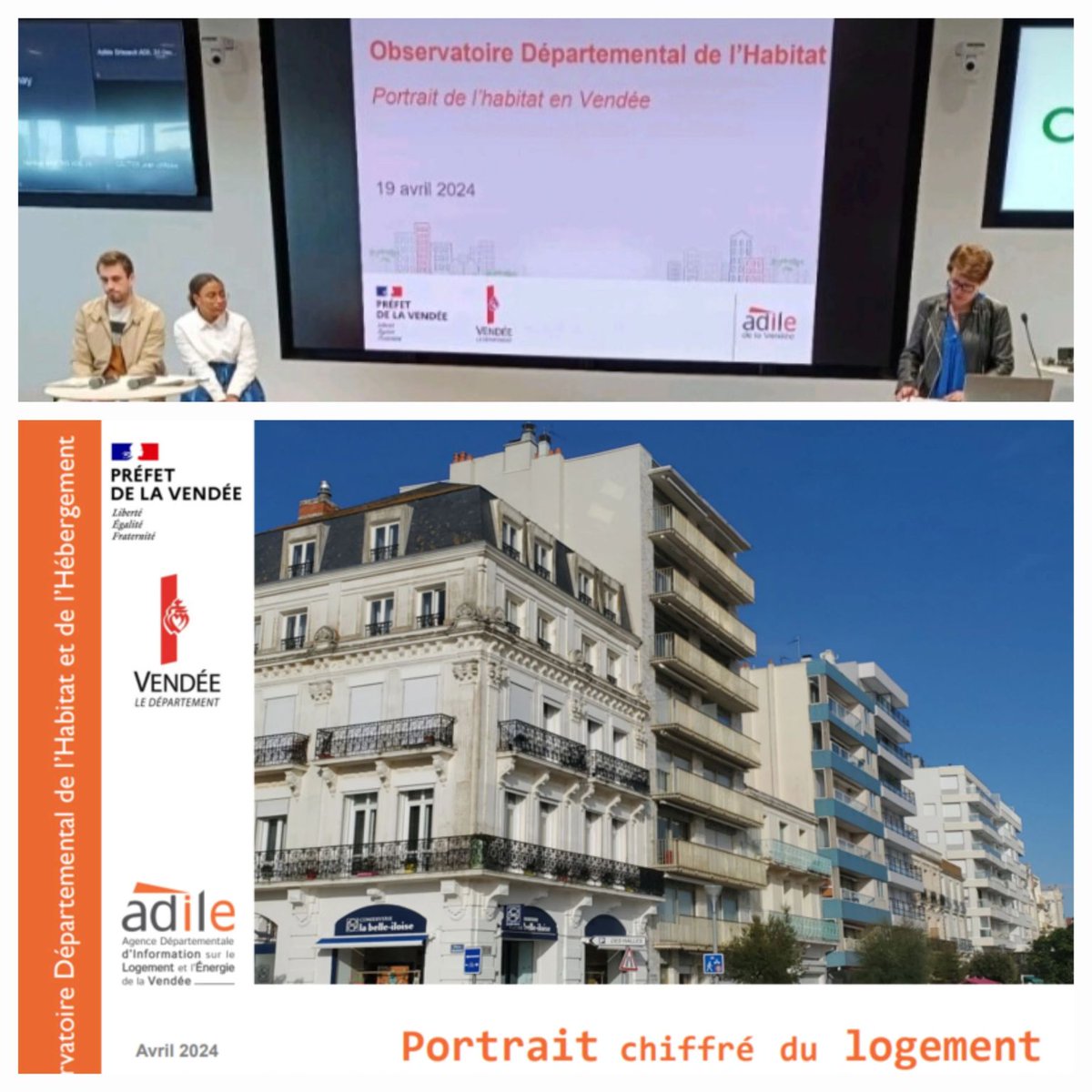 Ce vendredi 19 Avril à l' #Observatoire, l'ADILE présentait la matinal par Christine RAMBAUD-BOSSARD avec une présentation d'un portrait 🎰chiffré du #logement en Vendée réalisé par Aline Traché, Salmata AHAMADA et Antoine Debelleix