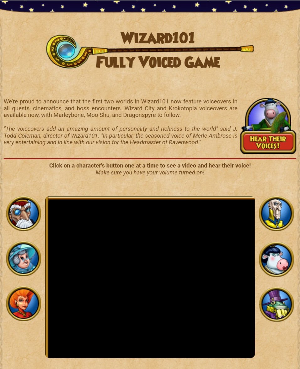 When voiceover was added to @Wizard101 in 2009, a page was added to the site with video previews for the newly-voiced characters! However, at some point the player on the page stopped working, making the videos inaccessible. All videos have been converted and posted below! 🫡