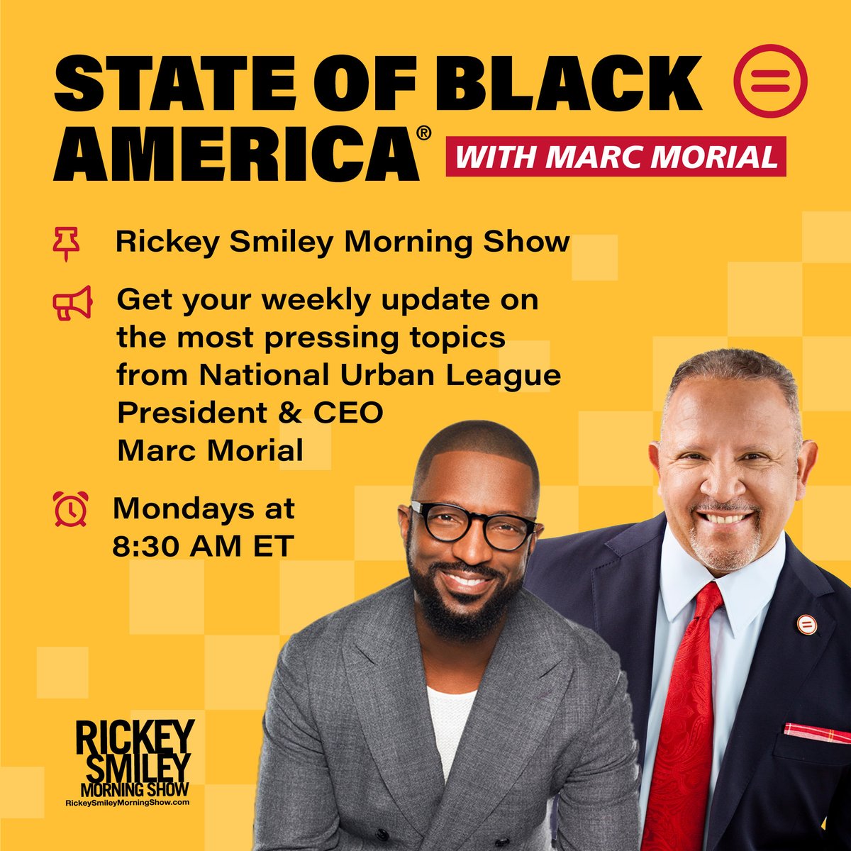 📣 Start your Monday morning with @MarcMorial’s State of Black America segment on @TheRSMS. 🎧 Tune in at 8:30 AM ET + find your local station: rickeysmileymorningshow.com/affiliates.