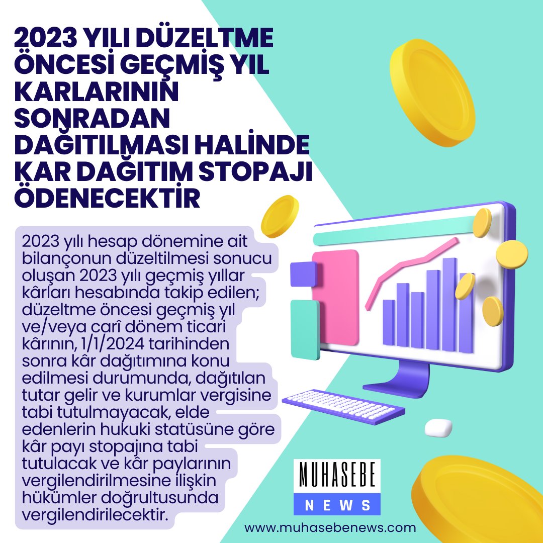 2023 Yılı düzeltme öncesi geçmiş yıl karlarının sonradan dağıtılması halinde kar dağıtım stopajı ödenecektir

#vergi #çalışmahayatı #çalışan #işçi #işveren #işkanunu  #muhasebe #muhasebeciler #muhasebeci #muhasebehaberleri  #muhasebenews