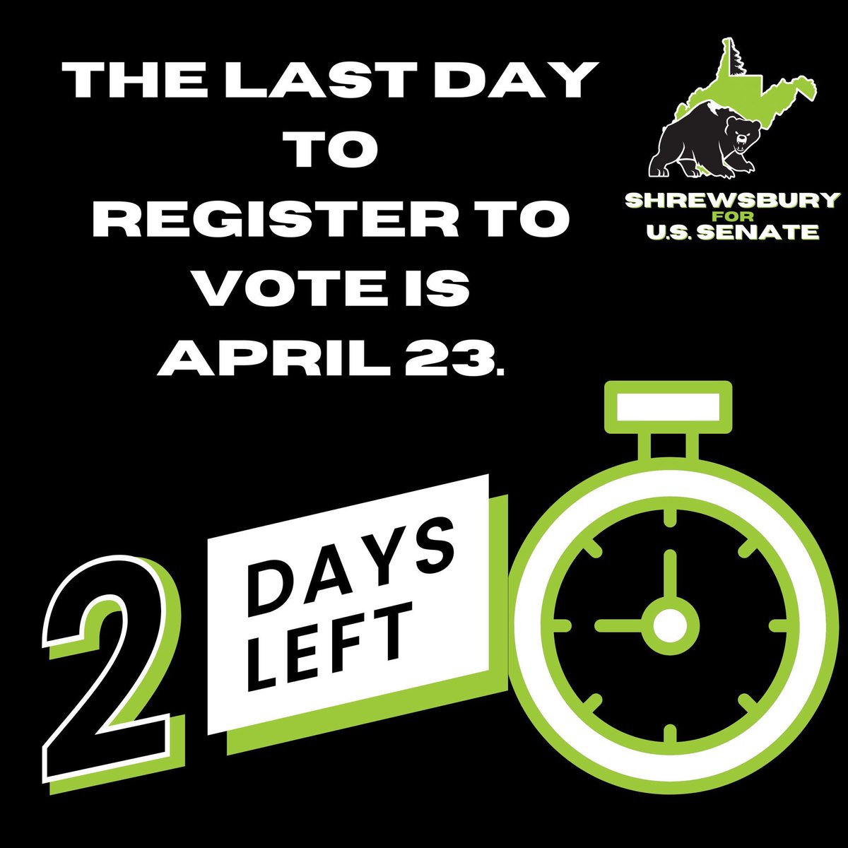 🚨IMPORTANT🚨 The last day to register to vote or to change your registration is April 23rd, tomorrow. That’s 2 days counting today! To check your registration status, please visit apps.sos.wv.gov/Elections/Vote… To register to vote or change your registration, please visit…