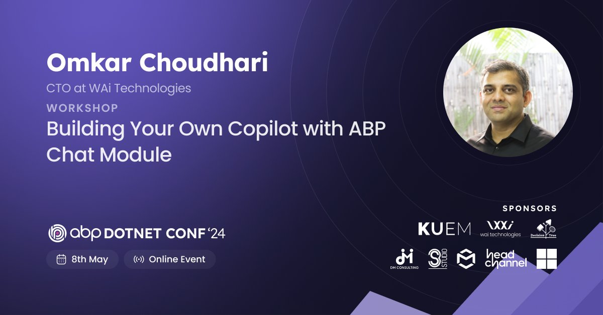 🎙️Join the #workshop of Omkar Choudhari on'Building your own Copilot with #ABP chat module' at #abpconf24, 🌟to learn how to build your own #AI copilot using the ABP chat module, #Azure #OpenAI, and more. #dotnet #abpio #abpChatModule abp.io/conference/2024