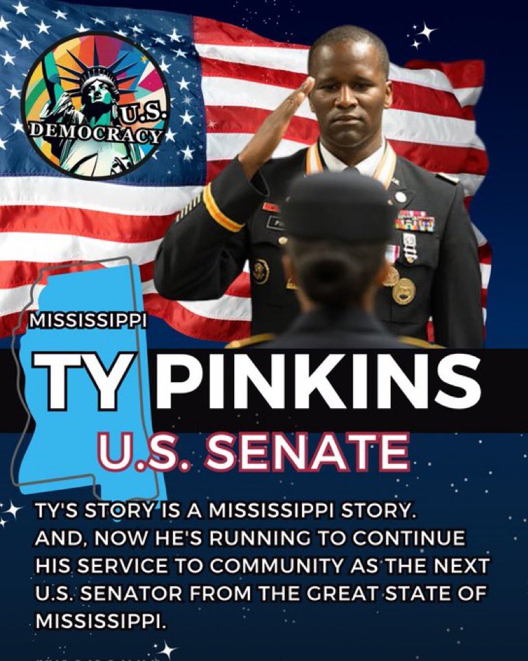 #USDemocracy #DemVoice1 #Mississippi voters, Ty Pinkins @TyPinkins is a veteran and a son of the Mississippi Delta. He's also the Democratic candidate in the US Senate race in Mississippi. He's the best choice to bring CHANGE to Mississippi. Follow. Volunteer. Donate. Vote.