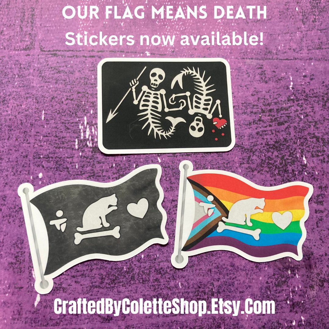 Our Flag Means Death stickers are now available on my store.
Show your love of pirates with cute flag stickers!
Get yours at CraftedByColetteShop.etsy.com (link in bio)
#DigitalArt #SmallBusiness #StickerShop #FanArt #OurFlagMeansDeath #OFMD #ProductLaunch #Pride