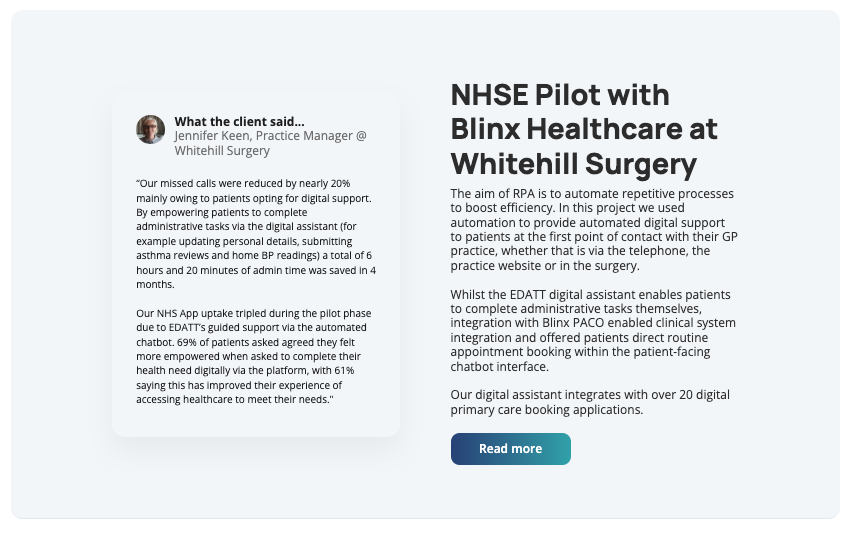 🎉 'Our monthly NHS App registrations has tripled'🎉 -Read how our digital support assistant leveraged the power of Blinx Healthcare's PACO to supercharge patient access as part of a pilot with NHS England. 🚀 📱 #EDATT #NHS #GPSurgery #PrimaryCare #PatientAccess