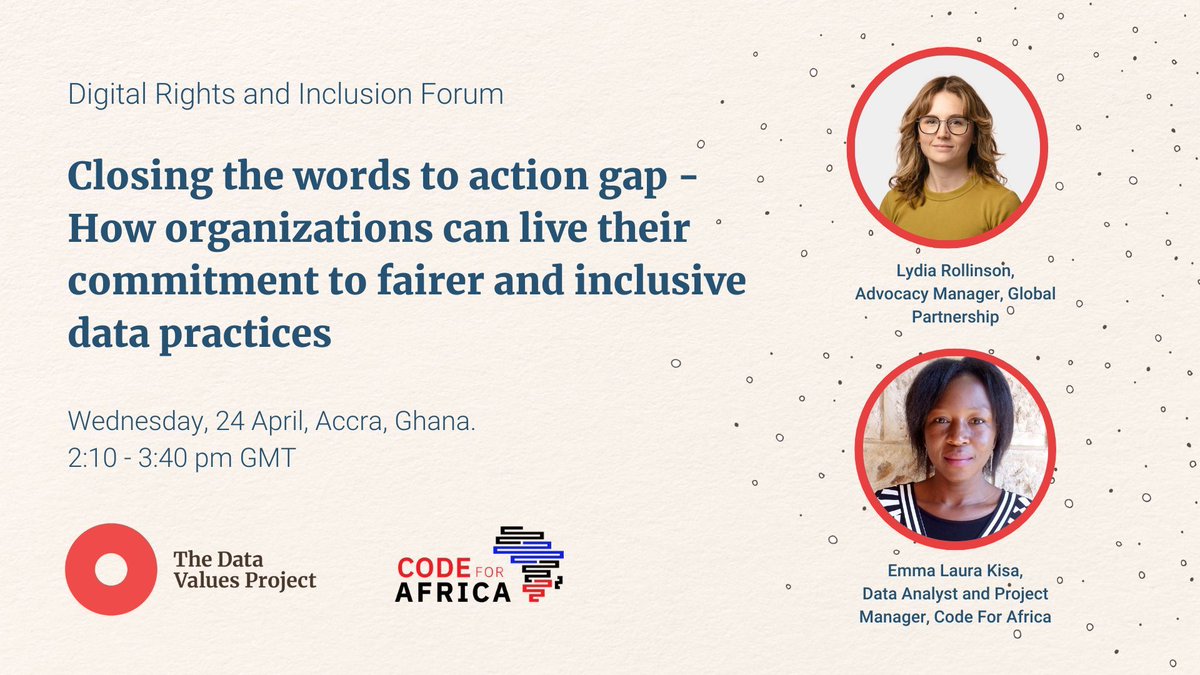 Are you attending #DRIF24? 📢 We're hosting a #DataValues session w/ <a href="/Code4Africa/">Code for Africa</a>!

👣 Join us to hear insights from @lydiarollinson + <a href="/ELNamwanje/">Emma Laura Namwanje Kisa</a> on practical steps to implement Data Values. 

More details 🔗 bit.ly/3xWEZQg 

@paradigmHQ #FosteringRightsAndInclusion