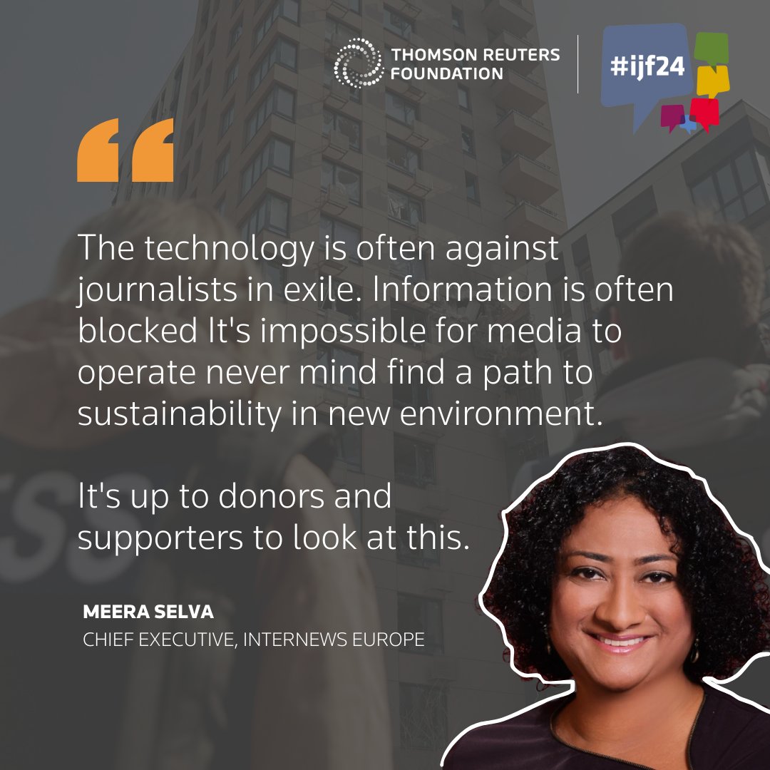 ✍️ How do you make media in exile more sustainable? During our #IJF24 panel on preparing media for exile, @Internews' @MeeraSelva1 gave her thoughts on what donors and the international community must do to respond effectively to the complex needs of exiled journalists.