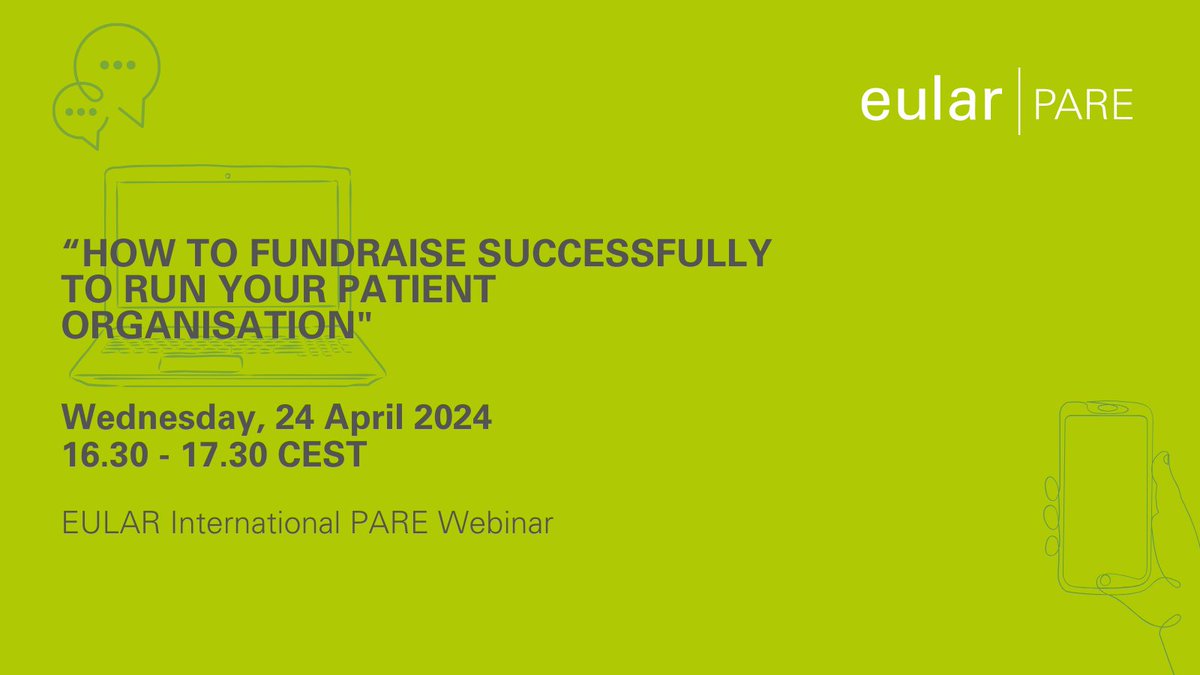 💫 Join our next International PARE Webinar: 'How to fundraise successfully to run your patient organisation' 🗓️ Wednesday 24 April 2024, 16:30 - 17:30 CEST Register here! 👉 pulse.ly/zsiw9k01ss @eularyoungpare #eularPARE #EULAR #RMDs