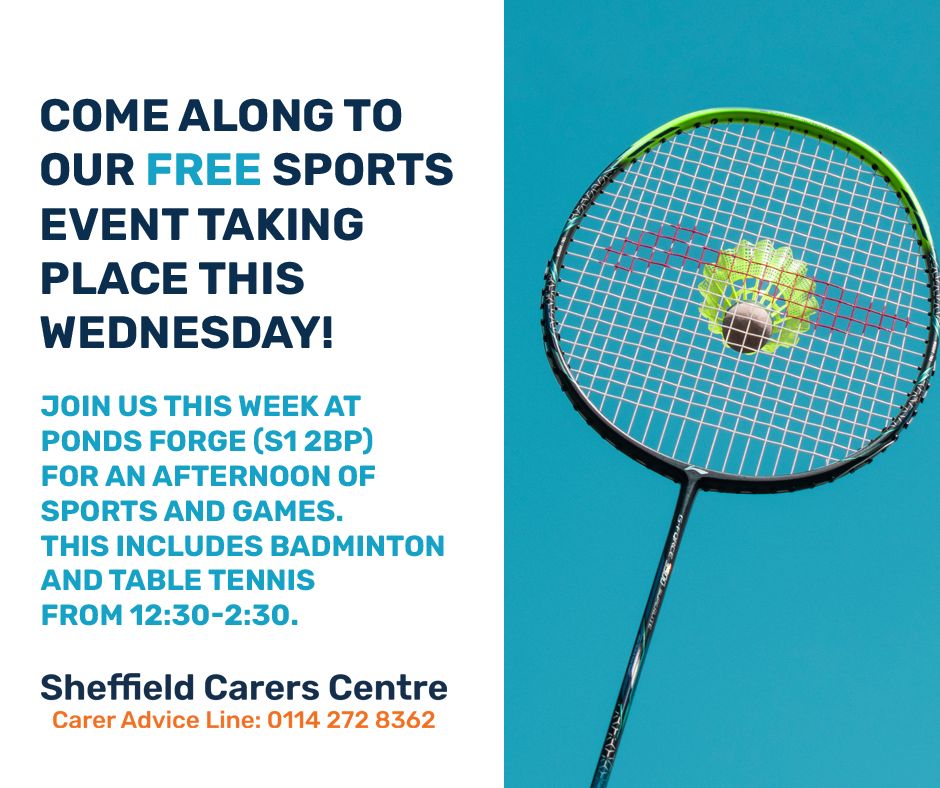 Come along to our free sports event taking place this Wednesday! Join us this week at Ponds Forge (S1 2BP) for an afternoon of sports and games. To book a place please email Jan@sheffieldcarers.org.uk or call us on 0114 278 8942.