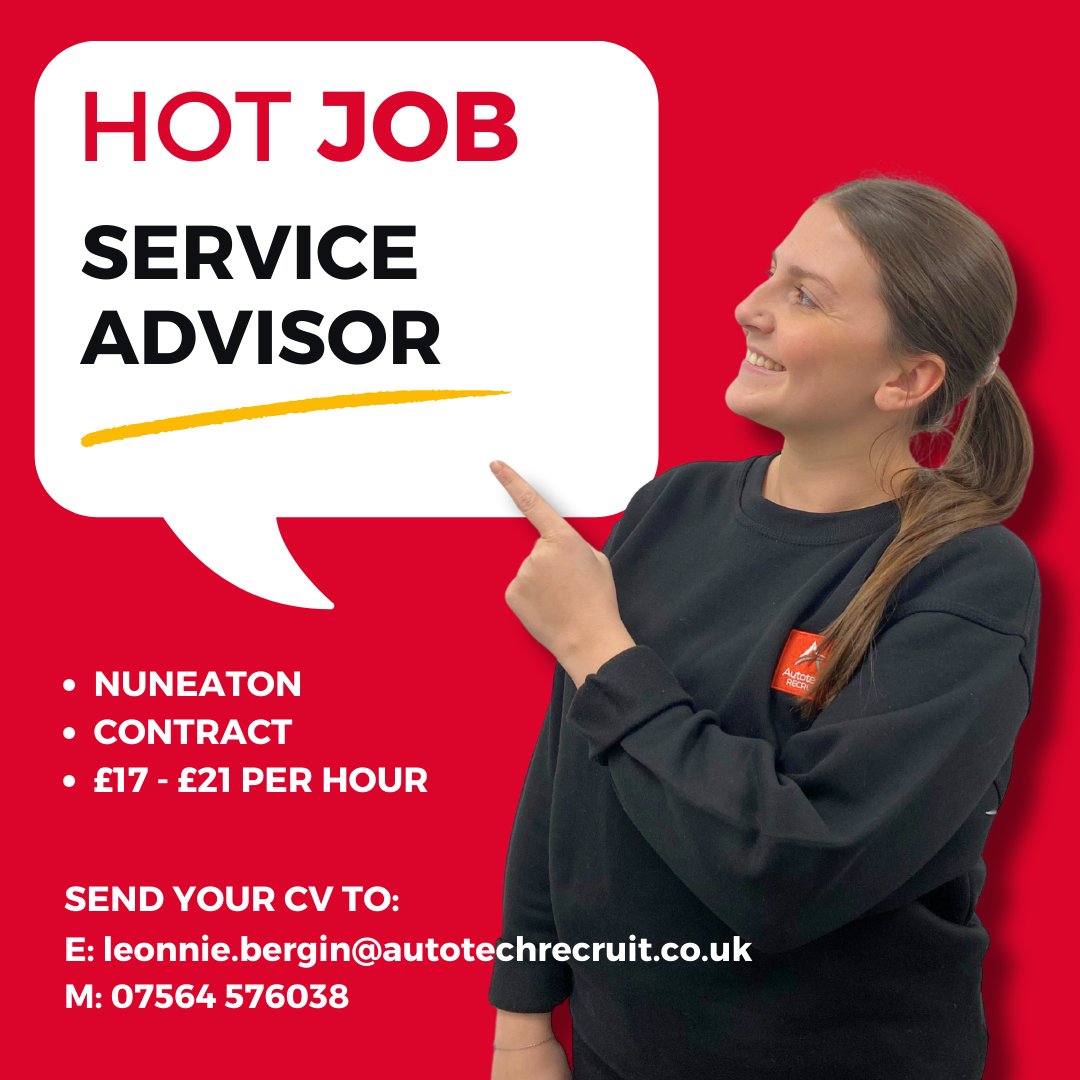 📣 Hot job opportunity! Contract Service Advisor in #Nuneaton. ⁠ If you're interested, contact Leonnie to learn more! 🚗 ⁠ ✉️ E: leonnie.bergin@autotechrecruit.co.uk⁠ 📞 T: 07564 576038⁠ ⁠ #JobOpportunity #AutomotiveIndustry #Contract #Freelance #ServiceAdvisor