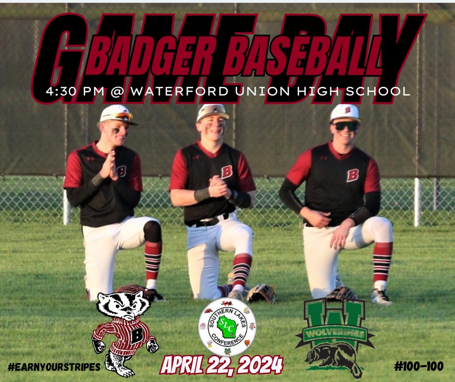 Let's Go!!!
It's Badger Baseball Game Day 🦡⚾️
#100-100 #earnyourstripes 
🆚 Waterford Wolverines
🗓️ April 22, 2024
⏰ 4:30 Varsity - @ Waterford Union HS
       4:30 - JV1 - @ Waterford
       4:30 - JV2 - @ Molitor Field - Lake Geneva
@SLC_Wi
@lgbadger