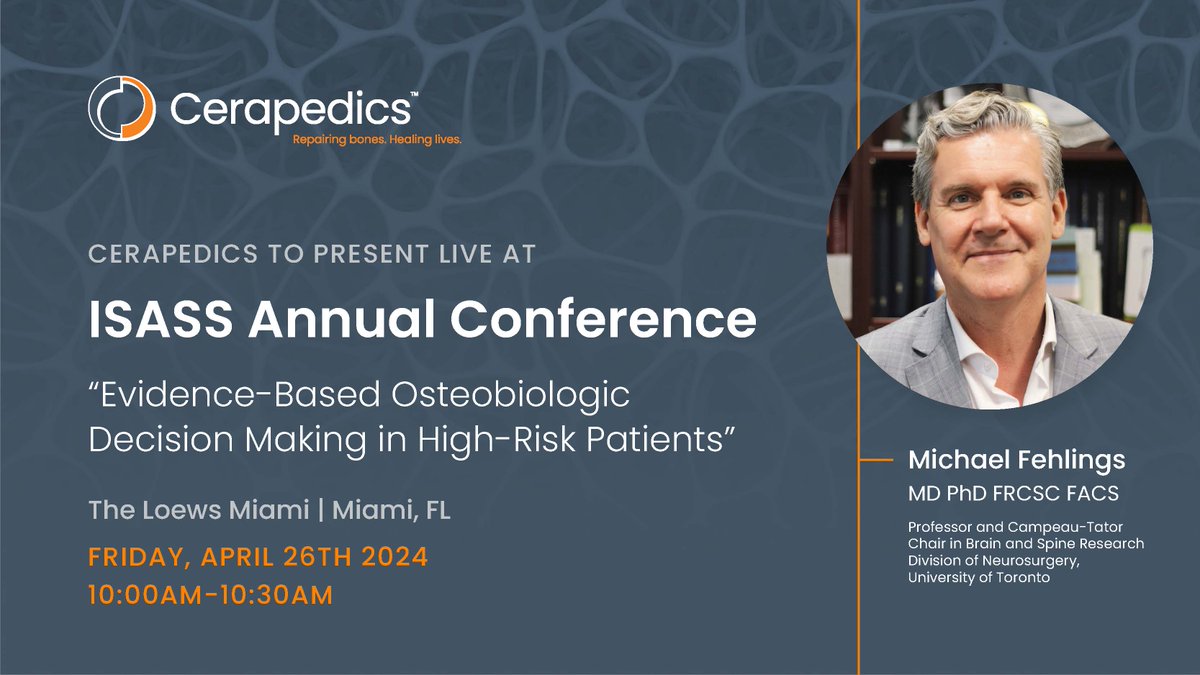 Visit us at ISASS Annual Meeting Apr. 26-28 in Miami, Florida where Dr. Michael Fehlings will present “Evidence-Based Osteobiologic Decision Making in High-Risk Patients” on April 26th. Download the invite. hubs.ly/Q02tsNkZ0