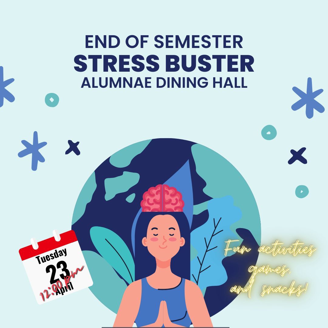 Tomorrow, Tue, Apr 23, 12pm, Alumnae Hall: Join Health Services for an END OF SEMESTER STRESS BUSTER! buff.ly/3Qbqte1