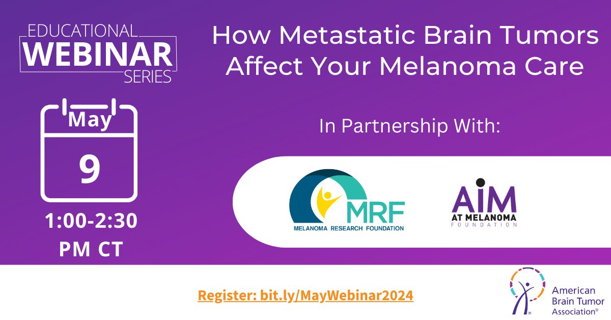 Uncover the complexities of melanoma brain metastases in our upcoming webinar, a collaborative effort with experts in the field. Delve into risks, symptoms, and management strategies for brain metastases. Register: bit.ly/MayWebinar2024 @CureMelanoma @AIMatMelanoma