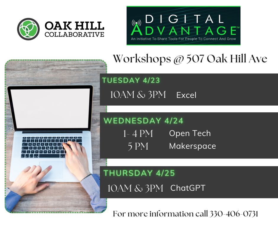 Join us for FREE tech workshops at our Oak Hill headquarters!

See you there

#DigitalAdvantage #DigitalLiteracy #DigitalEquity #techforall #freeinyoungstown #Youngstown