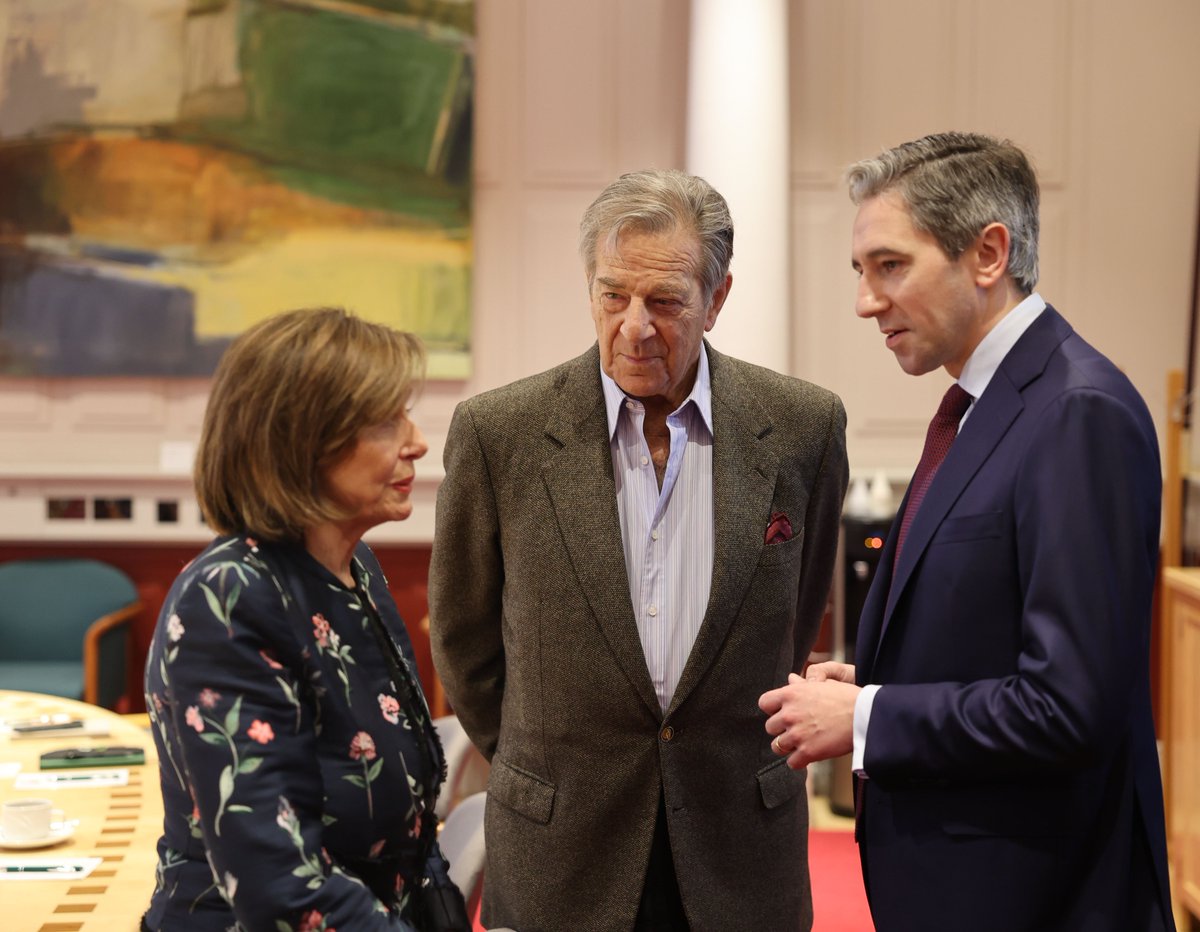 Taoiseach @SimonHarrisTD met US Speaker Emerita @SpeakerPelosi at Government Buildings today.