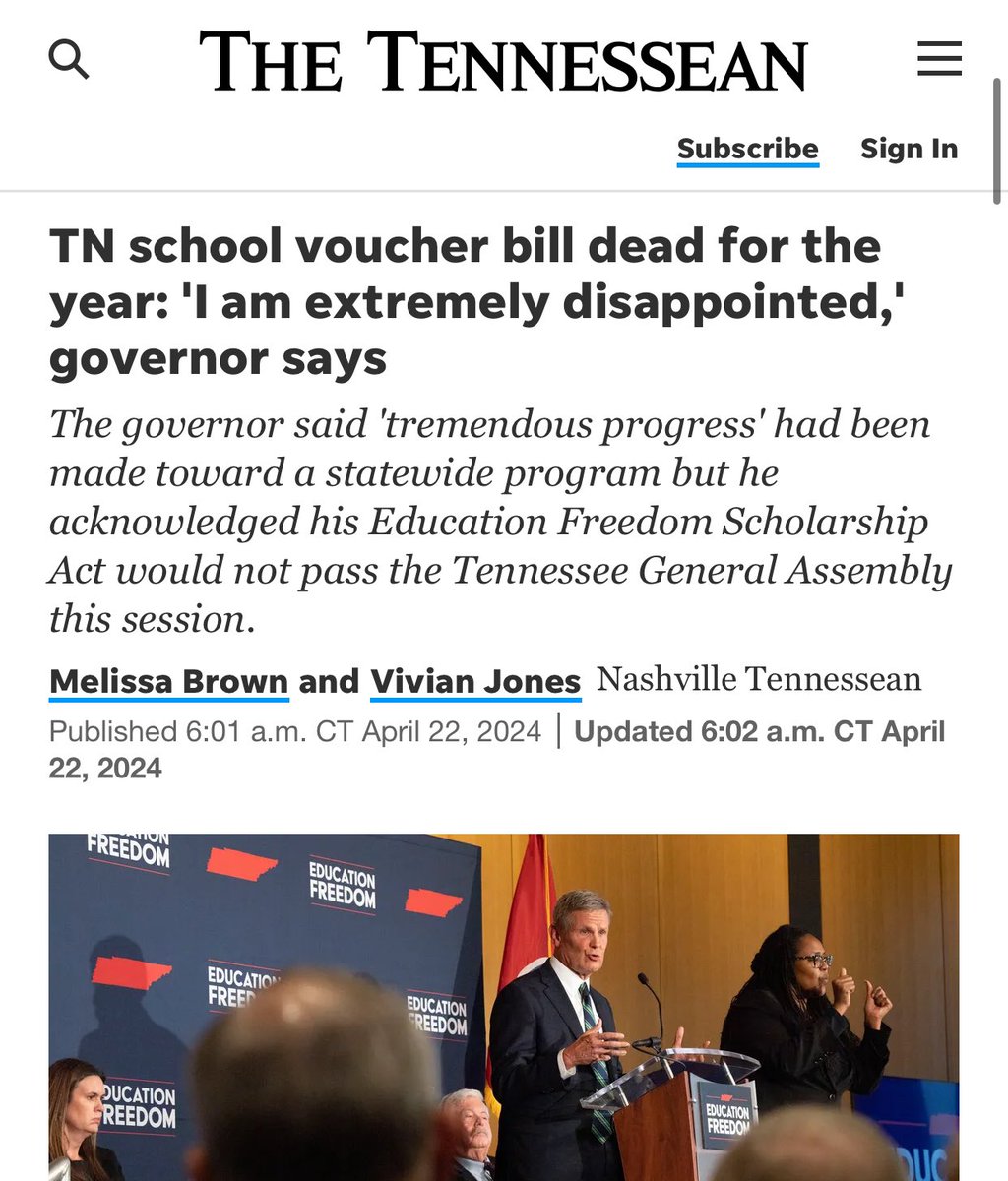 ‼️ THERE IT IS — @GovBillLee makes it official, his voucher scam is dead for the year: “Unfortunately it has become clear that there is not a pathway for the bill during this legislative session.' He says he will try again next year. tennessean.com/story/news/pol…