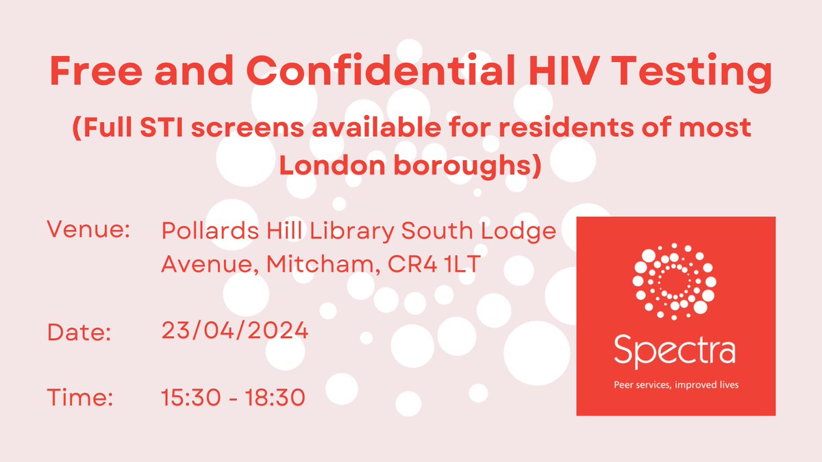 🗓️TODAY Tuesday 23 April, 3:30pm - 6:30pm: we're providing sexual health testing, free condoms & outreach in #Mitcham at Pollards Hill Library
@MertonLibraries.  We've rapid point of care testing for #HIV (results in 15 mins) or full #STI screens (result within 5 days) available