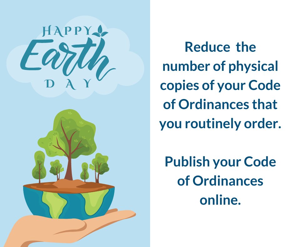 amlegalcodes's tweet image. Happy Earth Day to our clients! When you publish your Code of Ordinances online it becomes accessible to everyone from any location, so you only need one printed Code of Ordinances on hand for emergencies.
#EarthDay
#Codification
#CodeofOrdinances