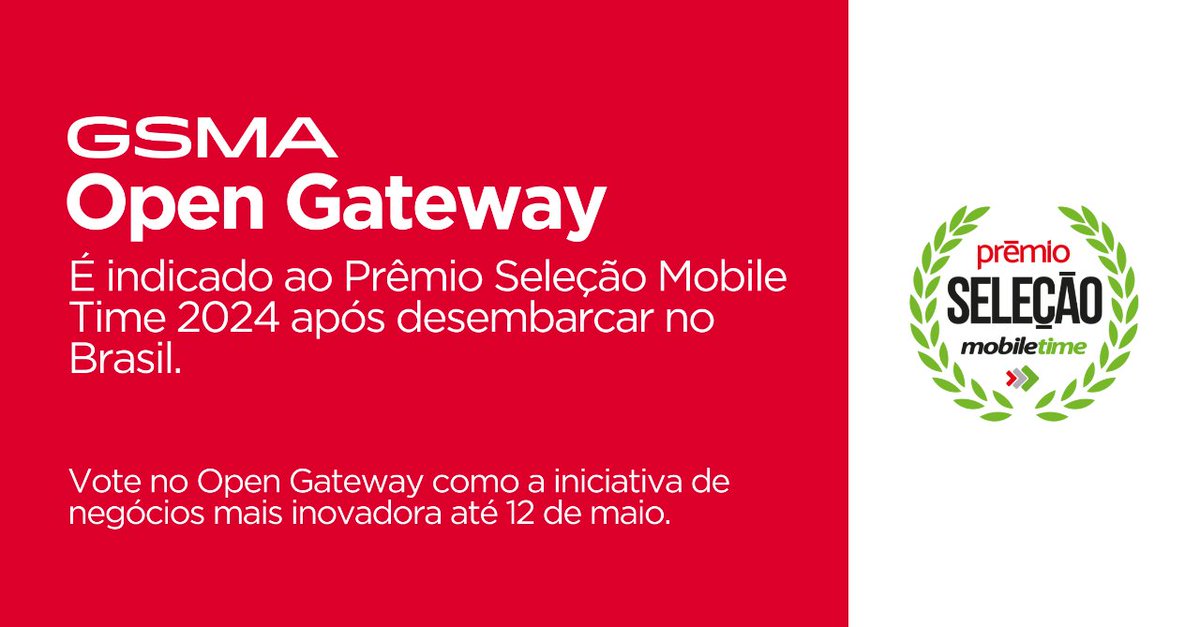 🏅 #GSMAOpenGateway é um dos 10 finalistas para o Prêmio Seleção @Mobile_Time 2024. 🗳️ Você pode votar no #OpenGateway como a iniciativa de negócios mais inovadora implementada no #Brasil no último ano aqui: mobiletime.com.br/premio/vote/