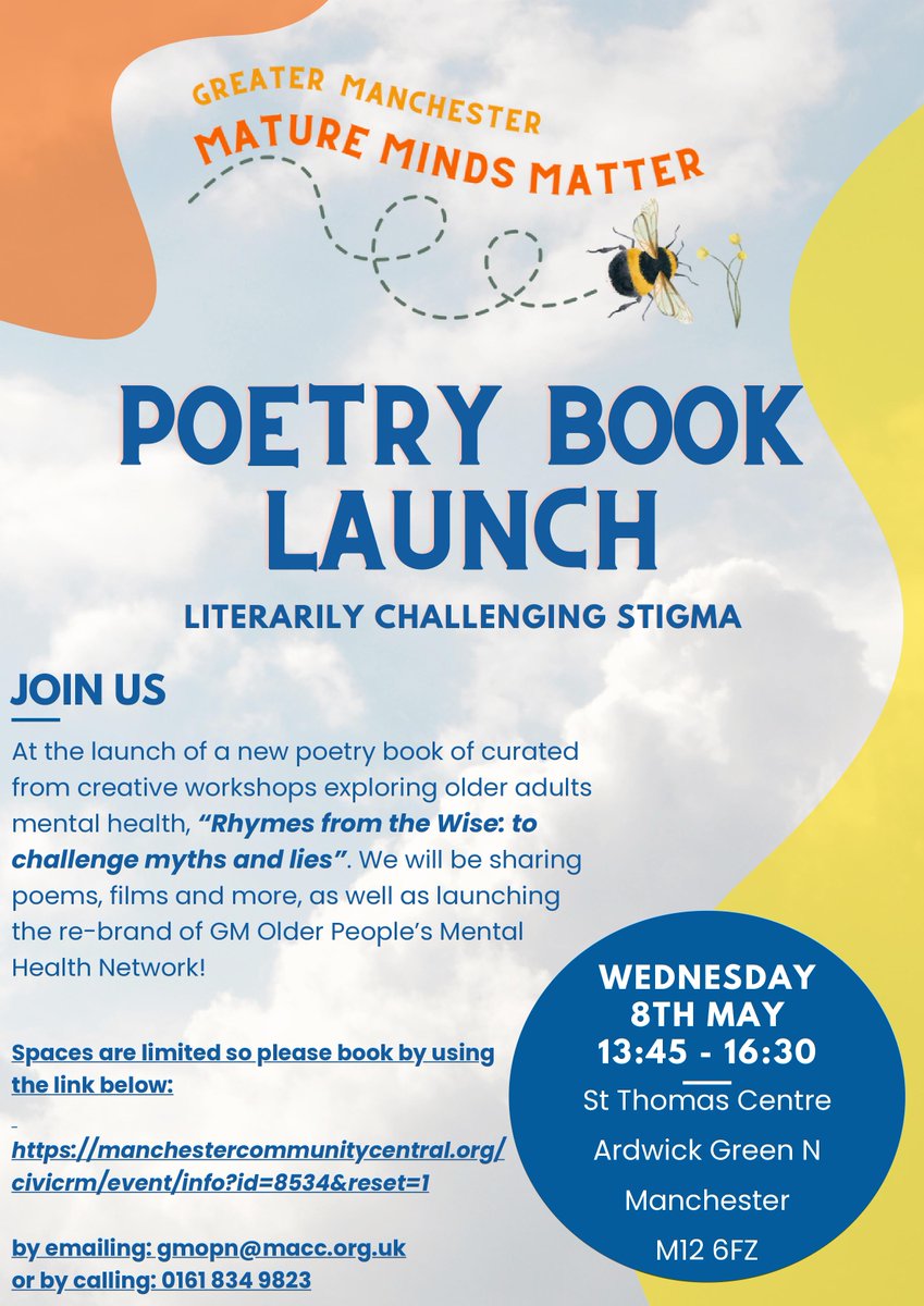 Join us at the launch of a new poetry book curated from creative workshops exploring older adults mental health 'Poems from the Wise: to challenge myths and lies' on 8th May at St Thomas Centre. Book your space: manchestercommunitycentral.org/event/greater-…