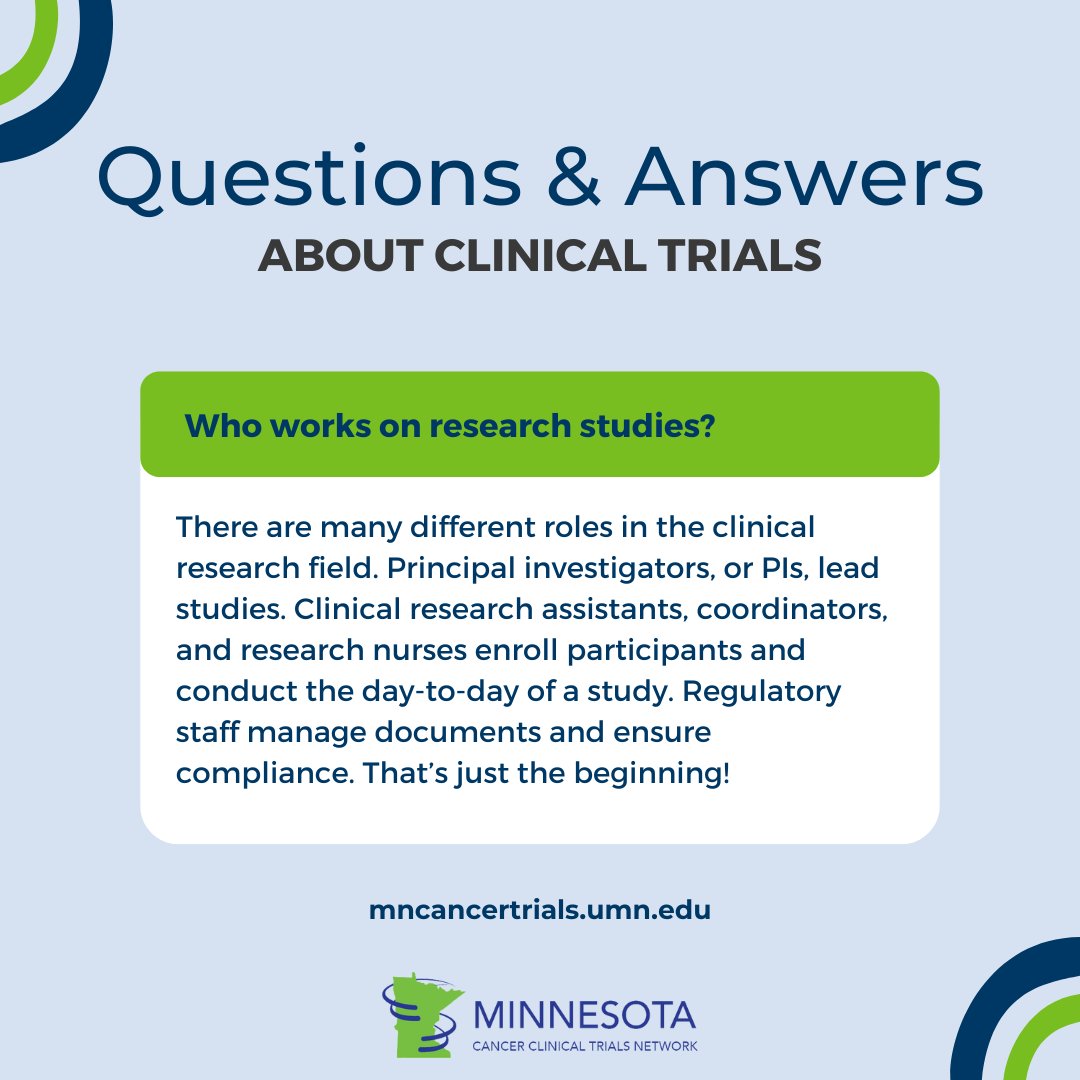 There are many different roles that work on clinical trials. Clinical research is a growing field with opportunities for advancement. Follow #MNCCTN on LinkedIn to stay updated on clinical research workforce and career topics: linkedin.com/company/333156… #clinicaltrials #cancer