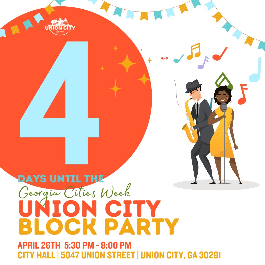 4 DAYS LEFT!

Excitement is building for the UC Block Party! Mark your calendars for this Friday, 4/26, and join us at City Hall from 5:30-8 pm for a fantastic time with your community. Bring your friends and family for a night to remember! #CountdownToFun #UnionCityBlockParty