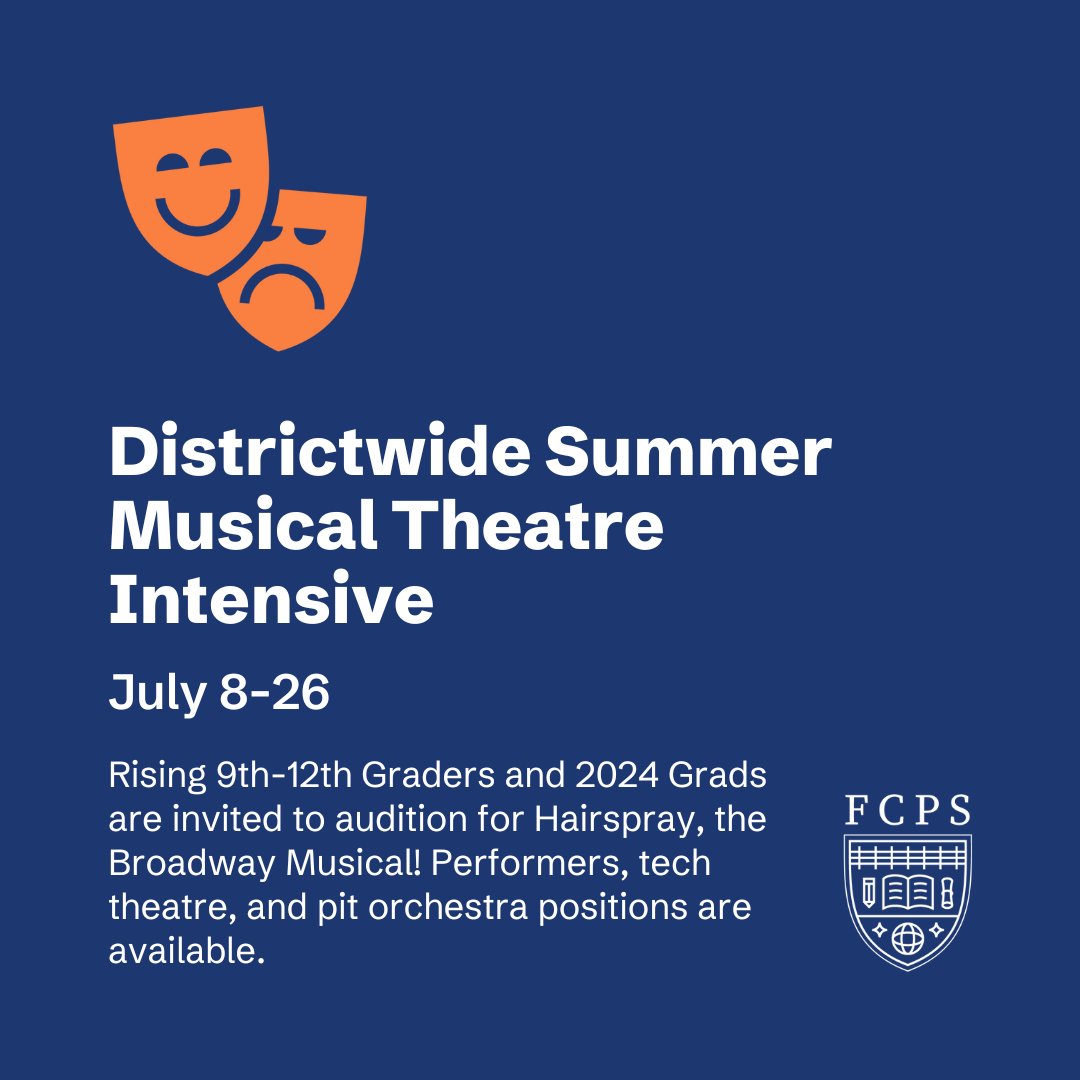 🎭 Rising 9th-12th Graders and 2024 Grads are invited to audition for a districtwide summer theatre intensive! 🍿 Register to audition by April 26 at bit.ly/FCPShairspray