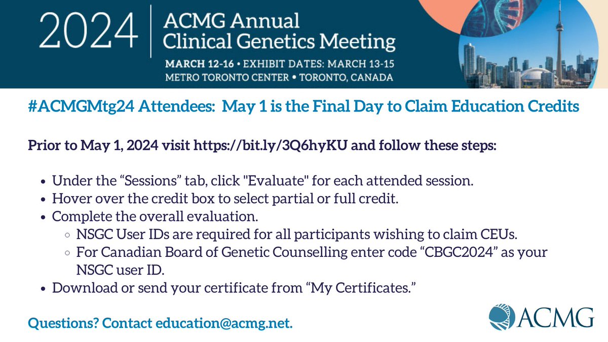 Did you attend #ACMGMtg24? Don't forget to claim your educational credits! The deadline is May 1st. To ensure that you receive credit for the sessions you attended, follow instructions in the graphic below or in the email that all attendees received. Visit bit.ly/3Q6hyKU